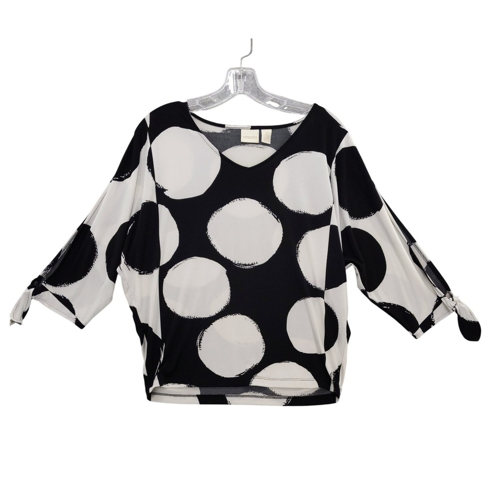 Chico's Polka Dot Top Women 0‎ S Black White Split Sleeve Tie Cuff Batwing